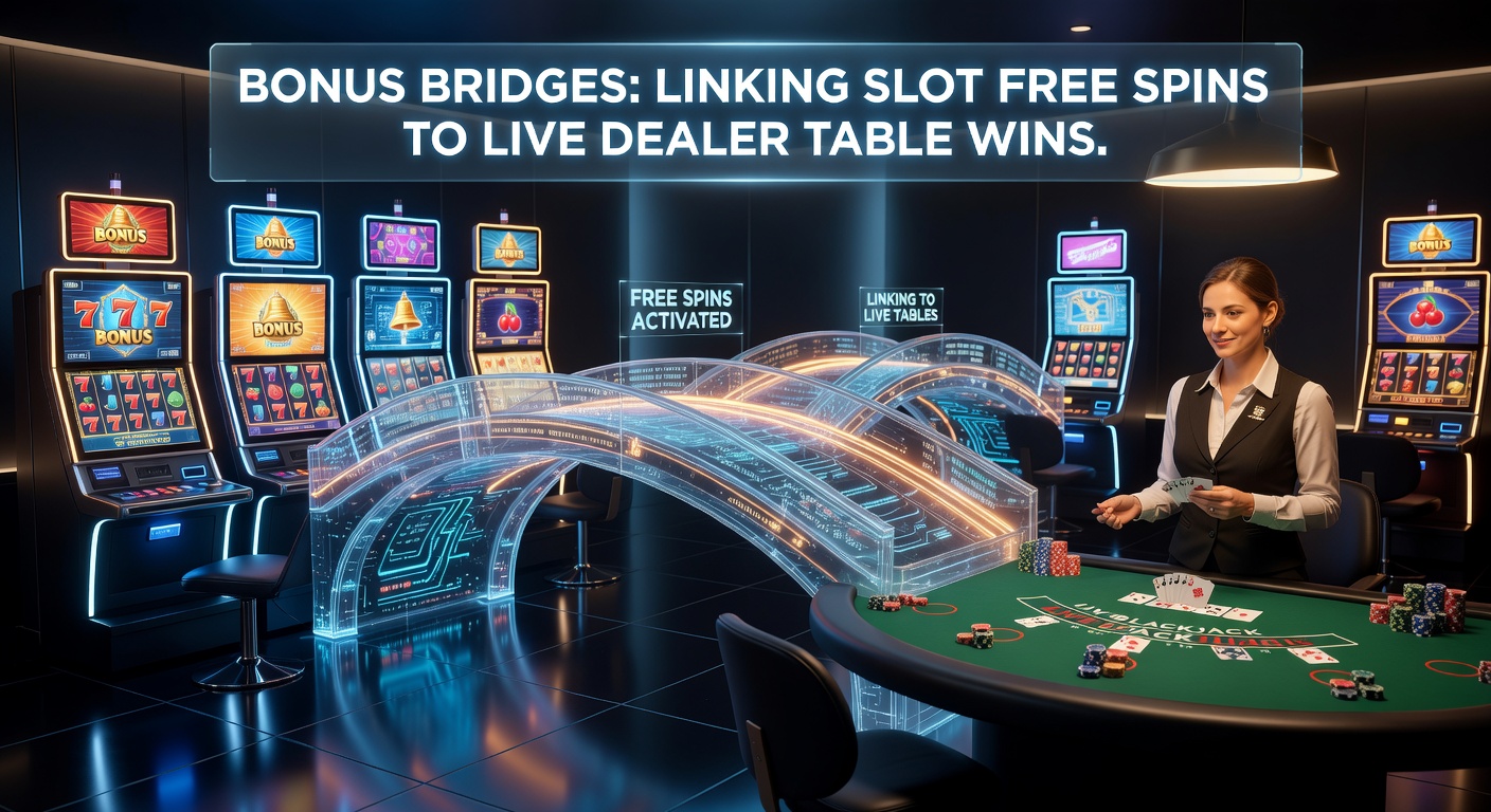 Visuelle Darstellung einer Bonus-Brücke, die Free Spins bei Slots mit Gewinnen an Live-Dealer-Tischen verbindet, mit farbigen Pfeilen und Casino-Elementen