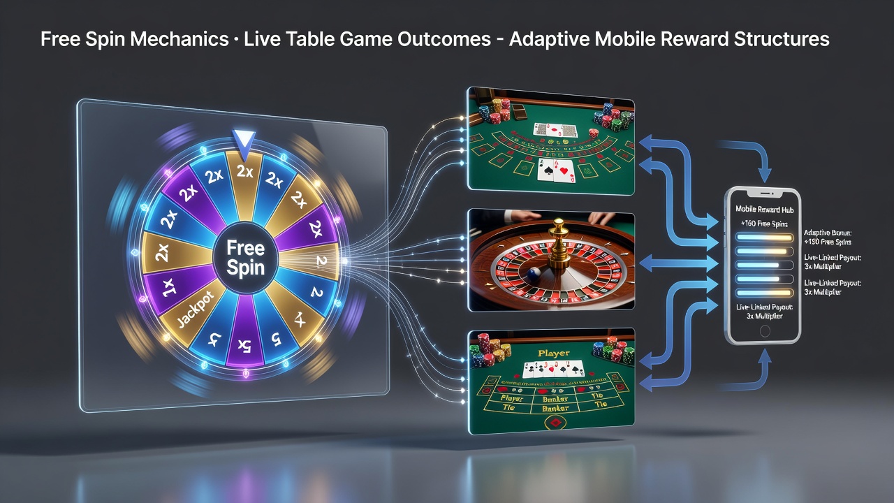 Darstellung adaptiver mobiler Belohnungssysteme mit integrierten Free-Spin- und Live-Tischspiel-Elementen auf Smartphone-Displays