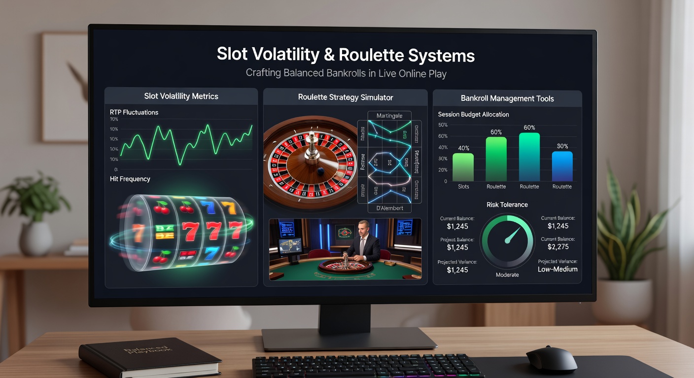 Live-Online-Casino-Szene mit Slot-Walzen und Roulette-Rad, Bankroll-Charts im Hintergrund