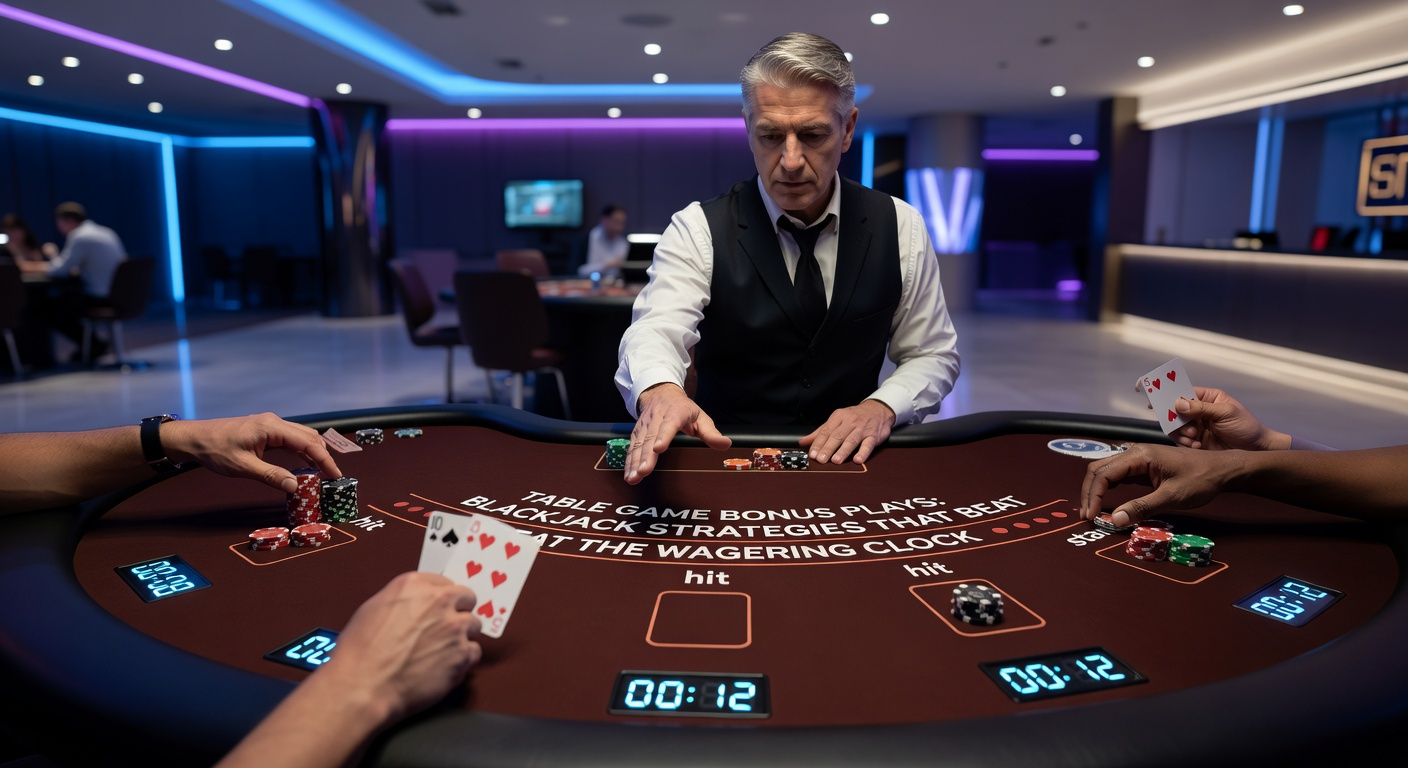 Nahaufnahme einer Blackjack-Hand mit Strategie-Chart und Bonus-Hud